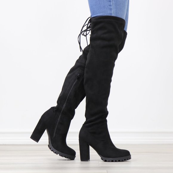 Black Faux Suede Round Toe Thigh High Over The Knee Block Lug High Heel Boots - Picture 2 of 13